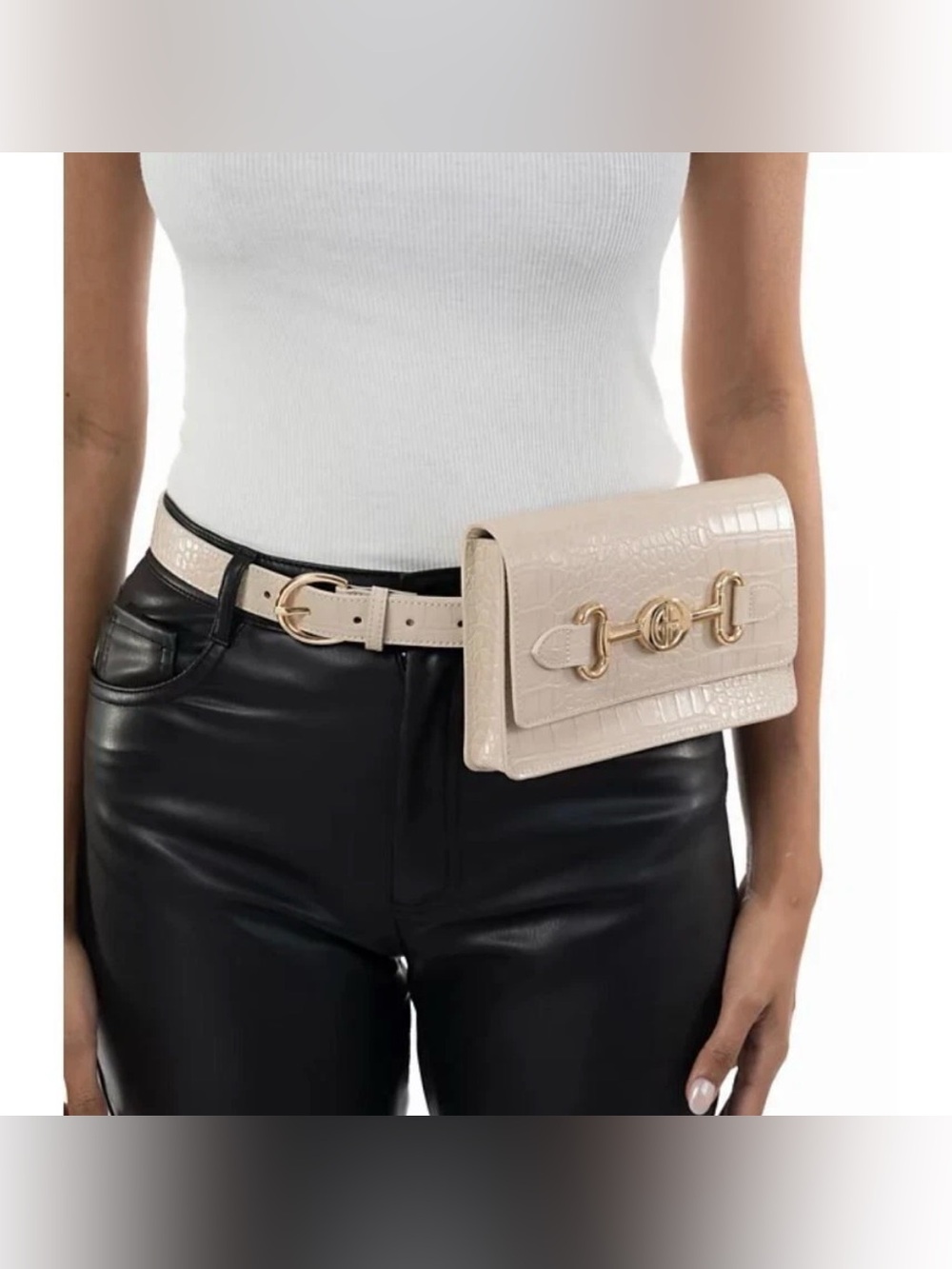 Giani Bernini Beige Croc-Embossed Leather Belt Bag with Gold Hardware
